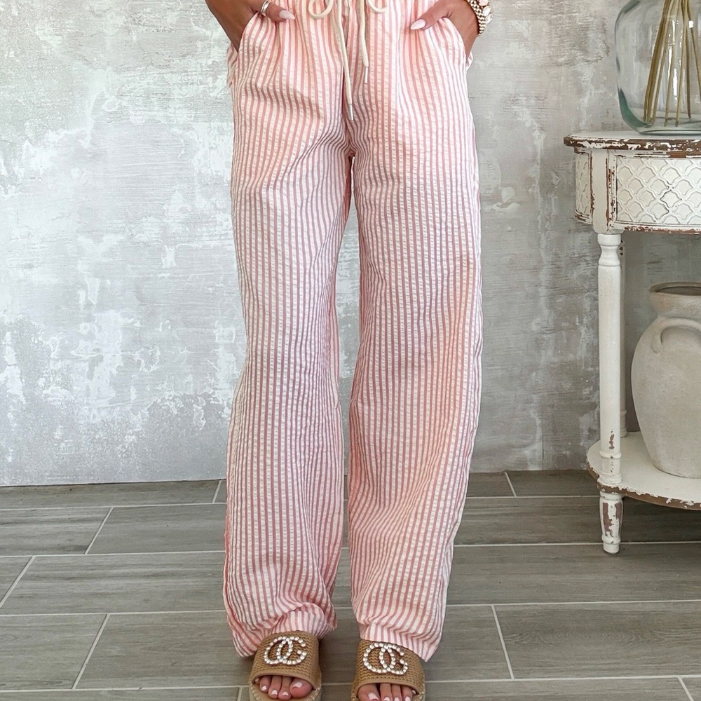 Striped Pink Drawstring Wide-Leg Pants